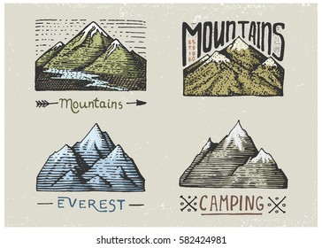 set of engraved vintage, hand drawn, old, labels or badges for camping, hiking, hunting with mountain peaks, from south to north.