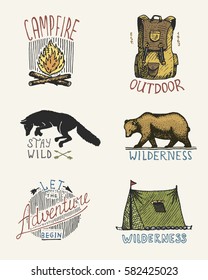 set of engraved vintage, hand drawn, old, labels or badges for camping, hiking, hunting with campfire, backpack and wolf, grizzly bear with tent.