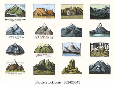 set of engraved vintage, hand drawn, old, labels or badges for camping, hiking, hunting with mountain peaks, from south to north.