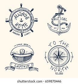 set of engraved vintage, hand drawn, old, labels or badges for anchor, steering wheel, captains cap, compass. Marine and nautical or sea, ocean emblems. always home.