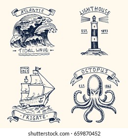 set of engraved vintage, hand drawn, old, labels or badges for atlantic tidal wave, lighthouse and octopus or sea creature, frigate or ship. Marine and nautical or sea, ocean emblems.