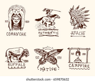 set of engraved vintage, hand drawn, old, labels or badges for indian or native american. buffalo, face with feathers, horse rider, apache or comanche, campfire and authentic.