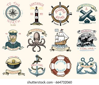 set of engraved vintage, hand drawn, old, labels or badges for atlantic tidal wave, lighthouse and octopus or sea creature, frigate or ship. Marine and nautical or sea, ocean emblems.