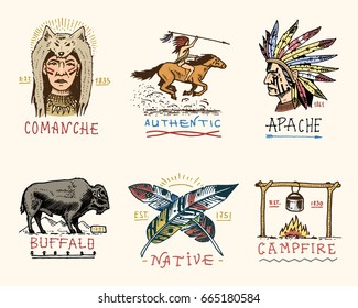 set of engraved vintage, hand drawn, old, labels or badges for indian or native american. buffalo, face with feathers, horse rider, apache or comanche, campfire and authentic.