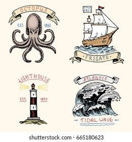 set of engraved vintage, hand drawn, old, labels or badges for atlantic tidal wave, lighthouse and octopus or sea creature, frigate or ship. Marine and nautical or sea, ocean emblems.