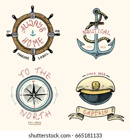set of engraved vintage, hand drawn, old, labels or badges for anchor, steering wheel, captains cap, compass. Marine and nautical or sea, ocean emblems. always home.