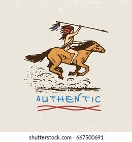 set of engraved vintage, hand drawn, old, labels or badges for indian or native american. horse rider, authentic.