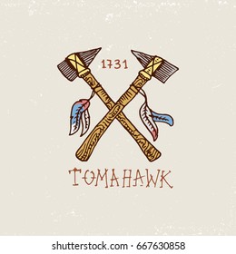 set of engraved vintage, hand drawn, old, labels or badges for indian or native american. axes and tomahawk.