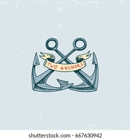 set of engraved vintage, hand drawn, old, labels or badges. welcome aboard, two anchors. Marine and nautical or sea, ocean emblems.