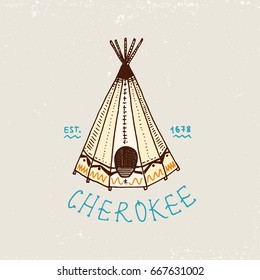 set of engraved vintage, hand drawn, old, labels or badges for indian or native american, tent.