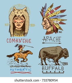 set of engraved vintage, hand drawn, old, labels or badges for indian or native american. buffalo, axes and tent, arrows and bow, skull, Dreamcatcher and cherokee, tomahawk.