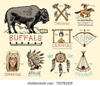 set of engraved vintage, hand drawn, old, labels or badges for indian or native american. buffalo, axes and tent, arrows and bow, skull, Dreamcatcher and cherokee, tomahawk.