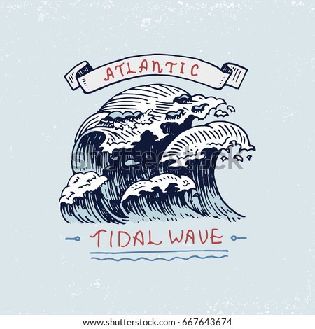 set of engraved vintage, hand drawn, old, labels or badges for atlantic tidal wave. Marine and nautical or sea, ocean emblems