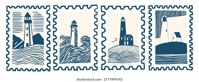 Set of engraved vintage postage stamps with lighthouse and sea wave scenes, naive linocut vector illustration in navy blue minimal coastal design