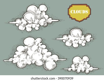 set of engraved white clouds on blue sky vector illustration