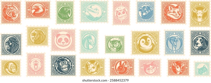 set of engraving animal face Postage Stamp Retro style postage sticker collection famous animal stamp postmark