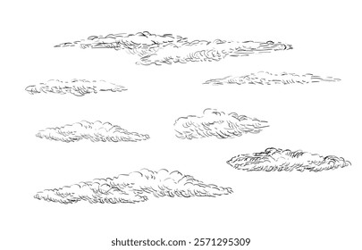 Set of engraving clouds. Hand drawn retro style clouds in different shapes isolated on white background. Design elements. Vector illustration. For prints, design, cards and decorations.