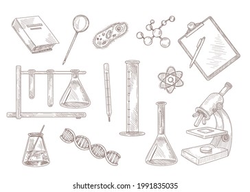 Set engraving drawings symbols science  Flat vector illustration  Vintage sketches laboratory research  medical   pharmacy equipment  Physics  medicine  scientific experiment concept