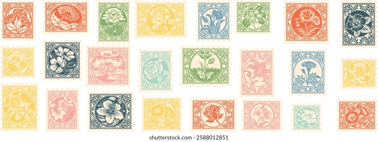 set of engraving flowers Postage Stamp Retro style postage sticker collection famous flowers stamp