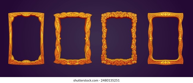 A set of engraving gold or carved wooden frames in A4 format. Hand drawing art. Decorative frame template with pattern. Model of a frame decorated with ornaments and curls, florar, scales, mosaic.