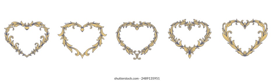 Set of engraving Golden Heart shaped frame ornaments, filigree, arabesque, art deco, damask, baroque, swirl, floral. Nubes engraved frame flourish element.