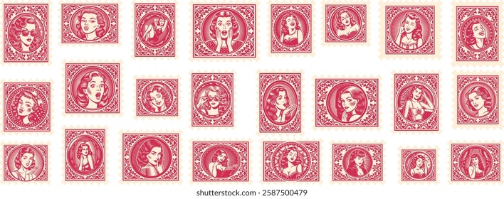 set of engraving pinup woman expression Postage Stamp Retro style international country landscape postage sticker collection famous woman stamp