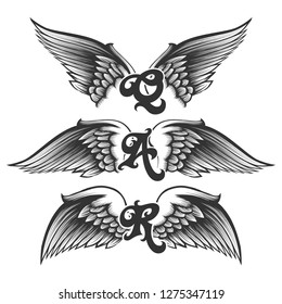 Set of engraving wings with letter samples. Vector illustration.