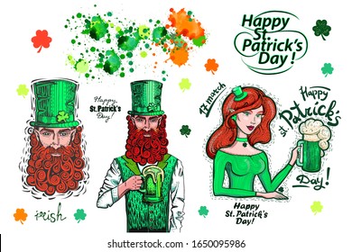 Set of engravings illustrations of St. Patricks Day. Leprechauns, a man with a red beard and a woman with red hair. Ginger irish people.  Bursts of green and orange paint.  Holiday in Ireland Festival