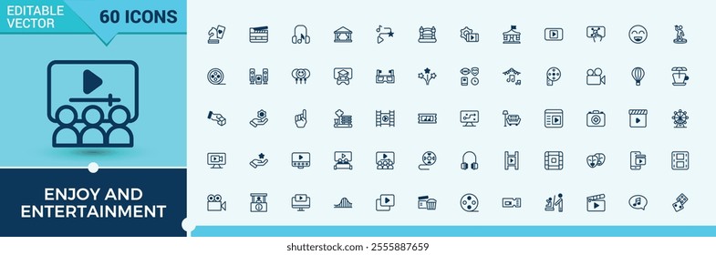 Set of Enjoy And Entertainment line icons. Featuring gift, holiday, enjoyment, birthday, festive, music, celebration and more. Pixel perfect. Solid line editable stroke. Vector line and solid icons.