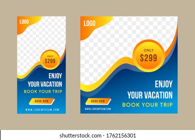 Juego de disfrutar de sus vacaciones de promoción de medios sociales diseño de plantillas de banner usa diseño cuadrado y vertical. Espacio para la foto. Gradiente combinado azul y naranja. estilo líquido. 