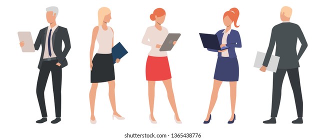 Set of enterprising business specialists using computers. Cartoon characters of business people working on project. Vector illustration can be used for presentation, expertise, company