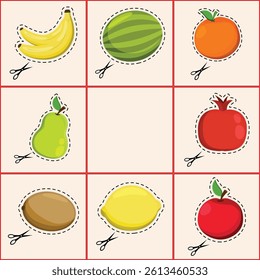 A set of entertaining children's educational cards with fruits.