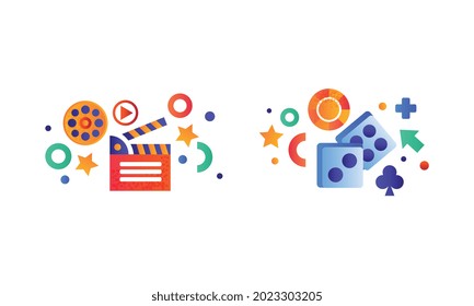 Set of Entertainment and Gambling Symbols, Movie Clapperboard, Casino Dices Flat Vector Illustration