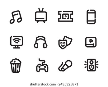 Set of entertainment icons with bold line style on white background