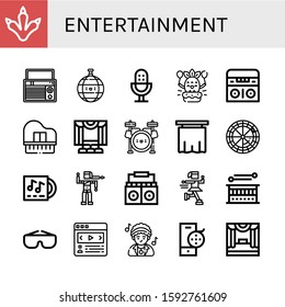 Set of entertainment icons. Such as Claws, Radio, Disco ball, Microphone, Birthday, Piano, Theater, Drum set, Curtain, Roulette, Lp, Bollywood, Ice skate , entertainment icons
