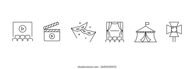 Set of Entertainment lined icon collection. Theater, cinema, video, dance, game, music arts symbol.