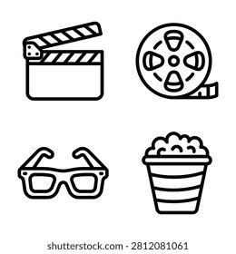 Set of entertainment media vector line icons with clapperboard entertainment production filmstrip streaming collection filmography isolated