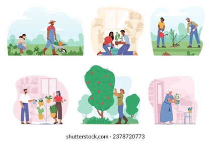 Set of Enthusiastic Gardener Characters Nurturing Lush Greenery, Tending To Vibrant Blooms, And Fostering A Thriving Botanical Haven. People Gardening and Care of Plants. Cartoon Vector Illustration