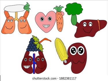 Satz von Einläufen oder Innern oder Eingeweide und fünf Farben von Gemüse Konzept Chinesisch gesund aus Essen Doodle Art Stil der Kunst