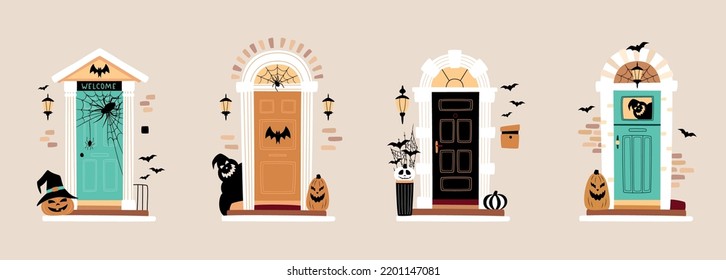 Set of entrance door decorated for Halloween. Carved pumpkins, bats, spiderweb and ghost silhouette near front doors. Vector illustration