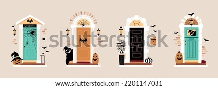 Set of entrance door decorated for Halloween. Carved pumpkins, bats, spiderweb and ghost silhouette near front doors. Vector illustration