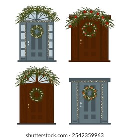 Set of entrance doors decorated for Christmas. Template for city street design on white background. Garlands, wreaths and branches. Christmas mistletoe and poinsettia. Cartoon vector style