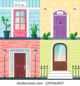 Set of entrance doors on the different wall backgrounds with lanterns, fence and plants in pots. Bright vector illustration. Flat cartoon style.