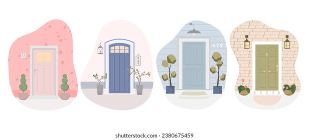 Set of entrance doors of residential buildings. External view of the entrances to the houses. Outdoor doorways with plants, decoration, lanterns. Various entrances from the street. Flat vector illustr