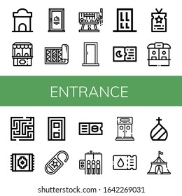 Set Of Entrance Icons. Such As Ticket Office, Door, Carpet, Raffle, Tickets, Vip, Maze, Do Not Disturb, Ticket, Elevator, Entrance, Dome, Circus Tent , Entrance Icons