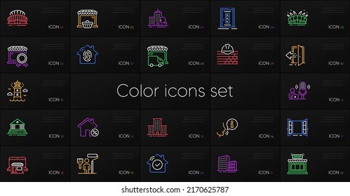 Set Of Entrance, Open Door And Marketplace Line Icons. Include Arena Stadium, Door, Lighthouse Icons. Buildings, House Security, Build Web Elements. Painter, Fingerprint Access, Sports Stadium. Vector