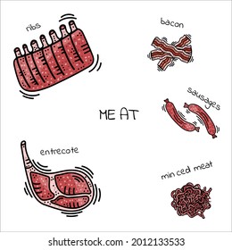 Set entrecote, steak, meat with bone, minced meat, bacon. Farm fresh meat, shoulder chops, lamb, beef, pork, ham. Vector sketch, doodle, cartoon illustration