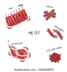 Set entrecte, Steak, Fleisch mit Knochen, Hackfleisch/Faschiertes, Speck. Frische Fleischzubereitungen, Schulterhaufen, Lamm, Rindfleisch, Schweinefleisch, Schinken. Vektorgrafik, Doodle, Cartografik