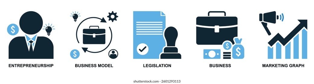 set of entrepreneur icon vector symbolizing business leadership, innovation, and success. Perfect for startups, finance, and corporate branding projects.