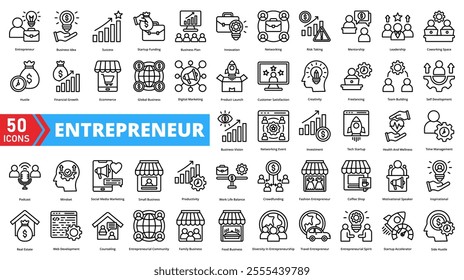 Set of entrepreneur web icons in line style. Containing startup, innovation, leadership, vision, strategy, growth, risk, opportunity, success, business